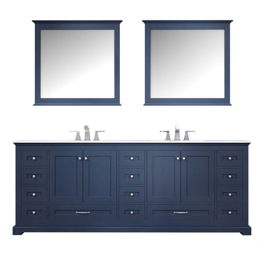 Dukes 84" Navy Blue Double Vanity, White Quartz Top, White Square Sinks and 34" Mirrors - LD342284DEWQM34