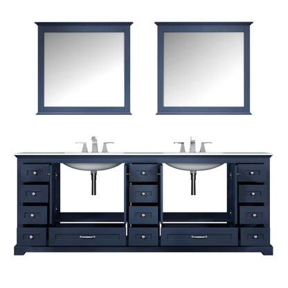 Dukes 84" Navy Blue Double Vanity, White Carrara Marble Top, White Square Sinks and 34" Mirrors - LD342284DEDSM34