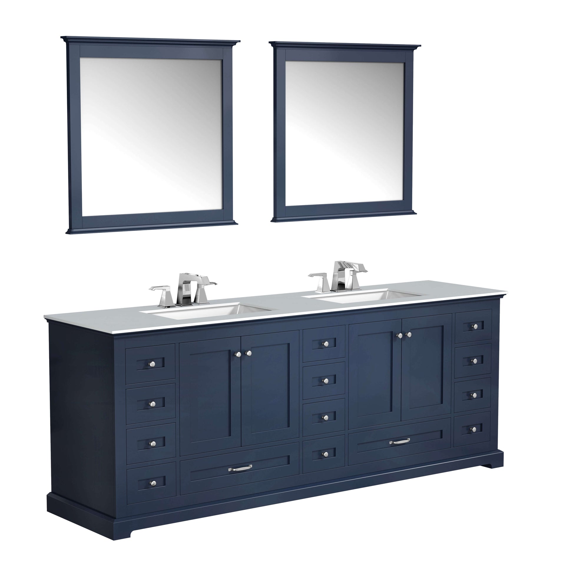 Dukes 84" Navy Blue Double Vanity, White Carrara Marble Top, White Square Sinks and 34" Mirrors - LD342284DEDSM34