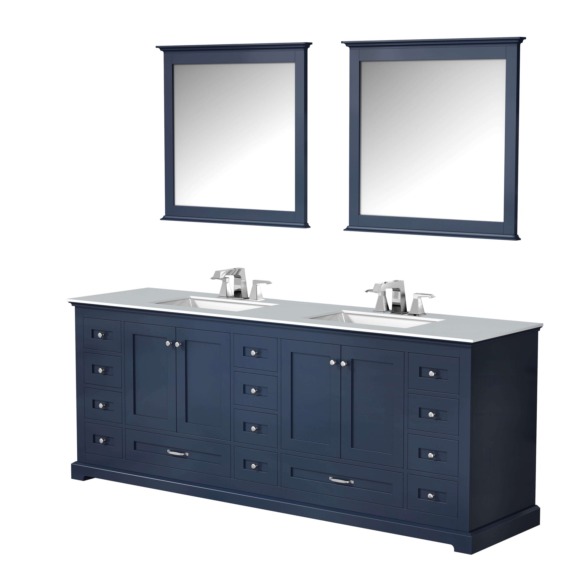 Dukes 84" Navy Blue Double Vanity, White Carrara Marble Top, White Square Sinks and 34" Mirrors - LD342284DEDSM34