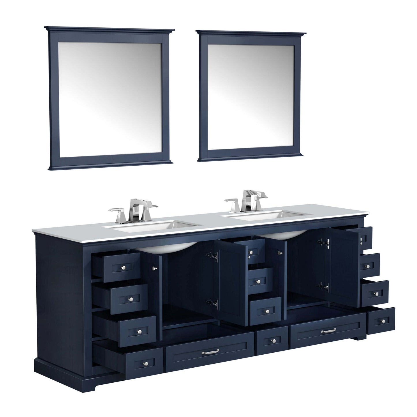 Dukes 84" Navy Blue Double Vanity, White Carrara Marble Top, White Square Sinks and 34" Mirrors - LD342284DEDSM34