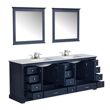 Load image into Gallery viewer, Dukes 84&quot; Navy Blue Double Vanity, White Carrara Marble Top, White Square Sinks and 34&quot; Mirrors - LD342284DEDSM34