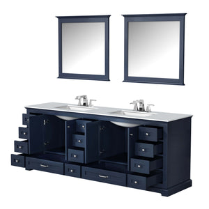 Dukes 84" Navy Blue Double Vanity, White Carrara Marble Top, White Square Sinks and 34" Mirrors - LD342284DEDSM34