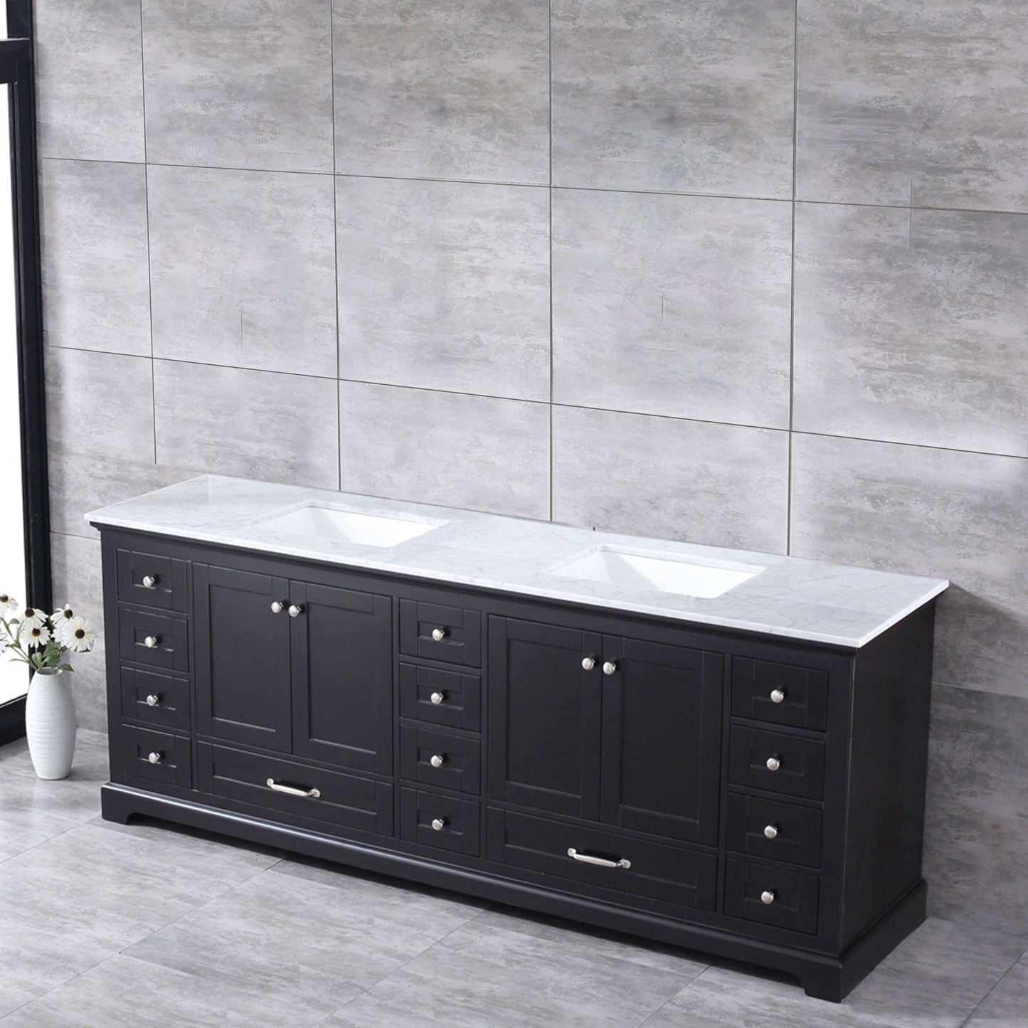 Dukes 84" Espresso Double Vanity, White Carrara Marble Top, White Square Sinks and no Mirror - LD342284DGDS000