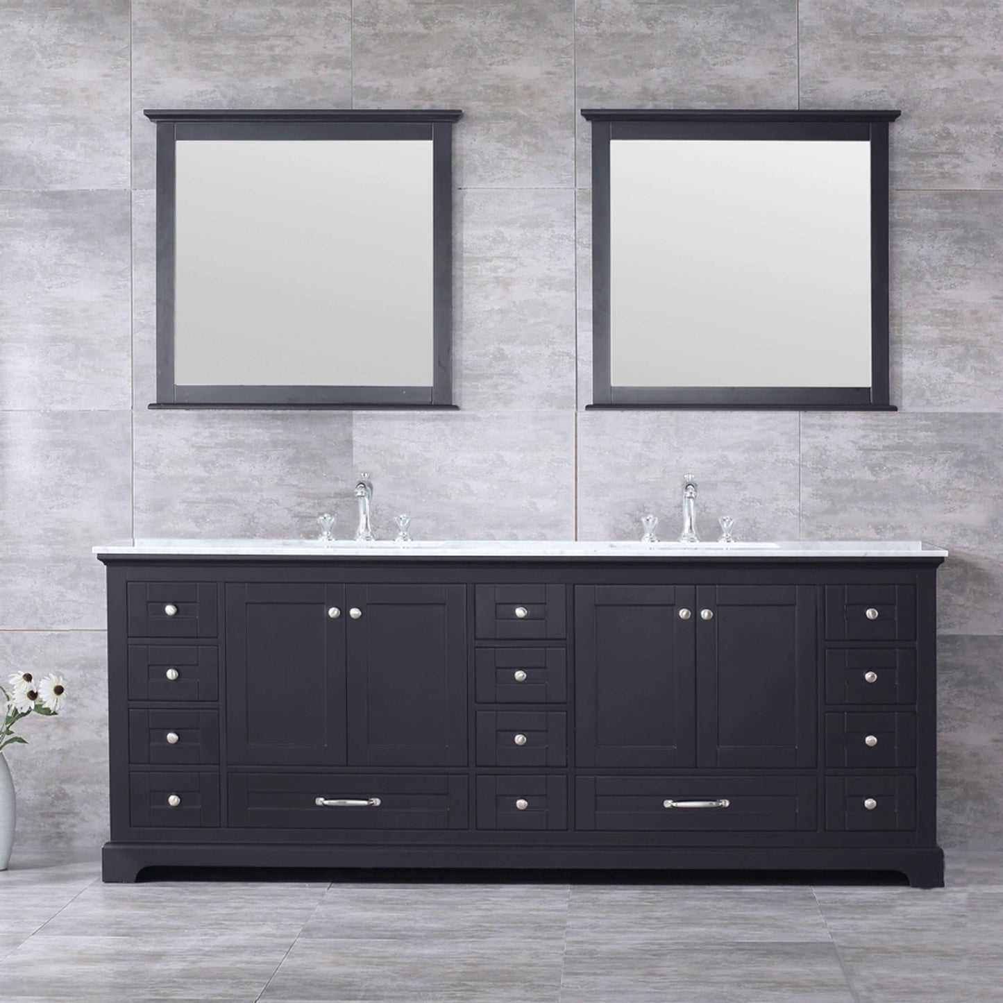 Dukes 84" Espresso Double Vanity, White Carrara Marble Top, White Square Sinks and 34" Mirrors - LD342284DGDSM34