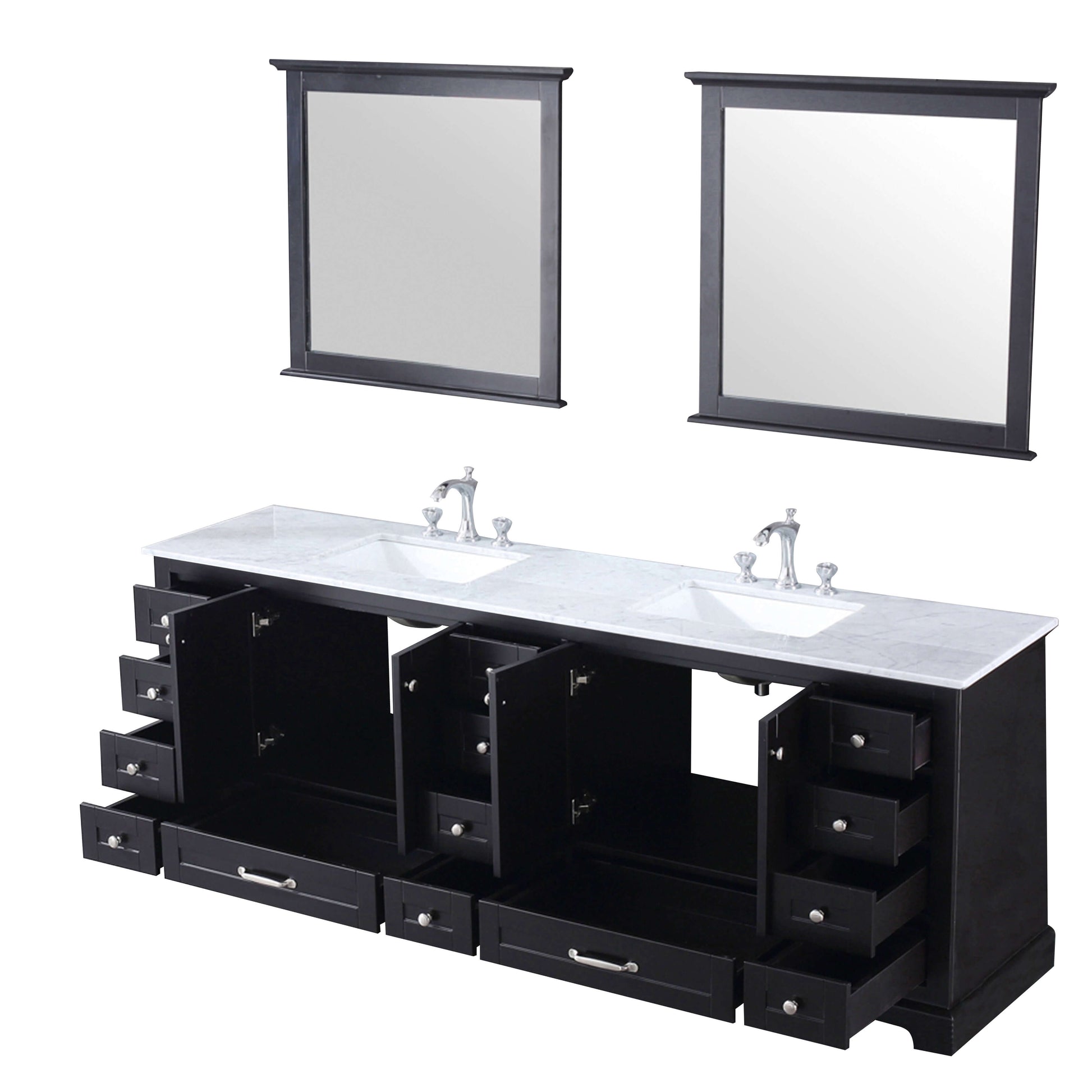 Dukes 84" Espresso Double Vanity, White Carrara Marble Top, White Square Sinks and 34" Mirrors - LD342284DGDSM34