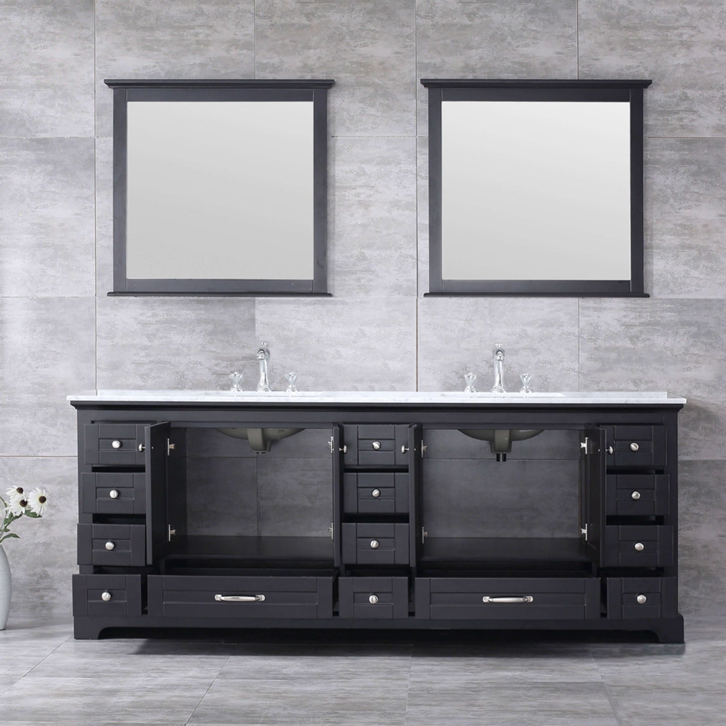 Dukes 84" Espresso Double Vanity, White Carrara Marble Top, White Square Sinks and 34" Mirrors - LD342284DGDSM34