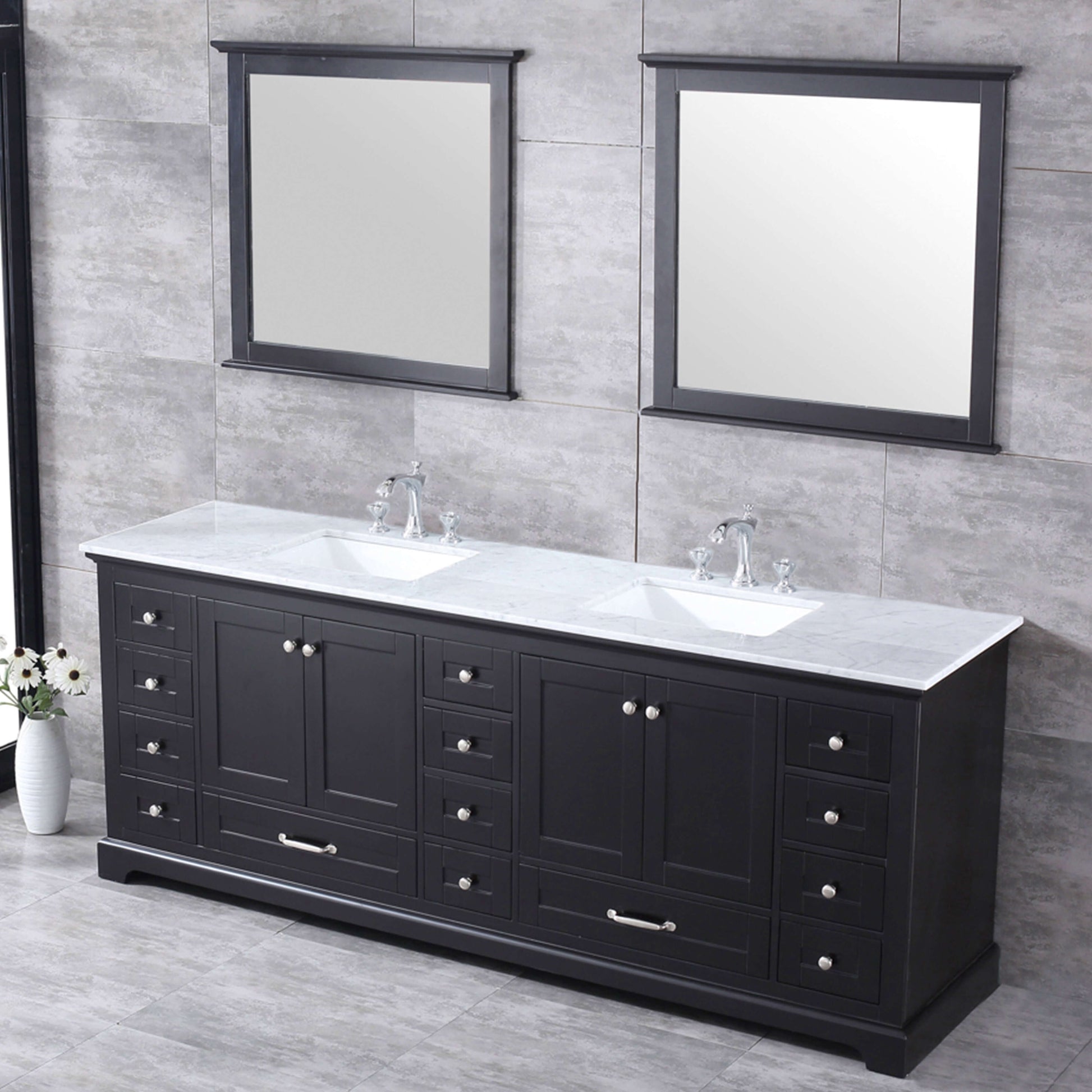 Dukes 84" Espresso Double Vanity, White Carrara Marble Top, White Square Sinks and 34" Mirrors - LD342284DGDSM34