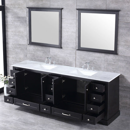 Dukes 84" Espresso Double Vanity, White Carrara Marble Top, White Square Sinks and 34" Mirrors - LD342284DGDSM34