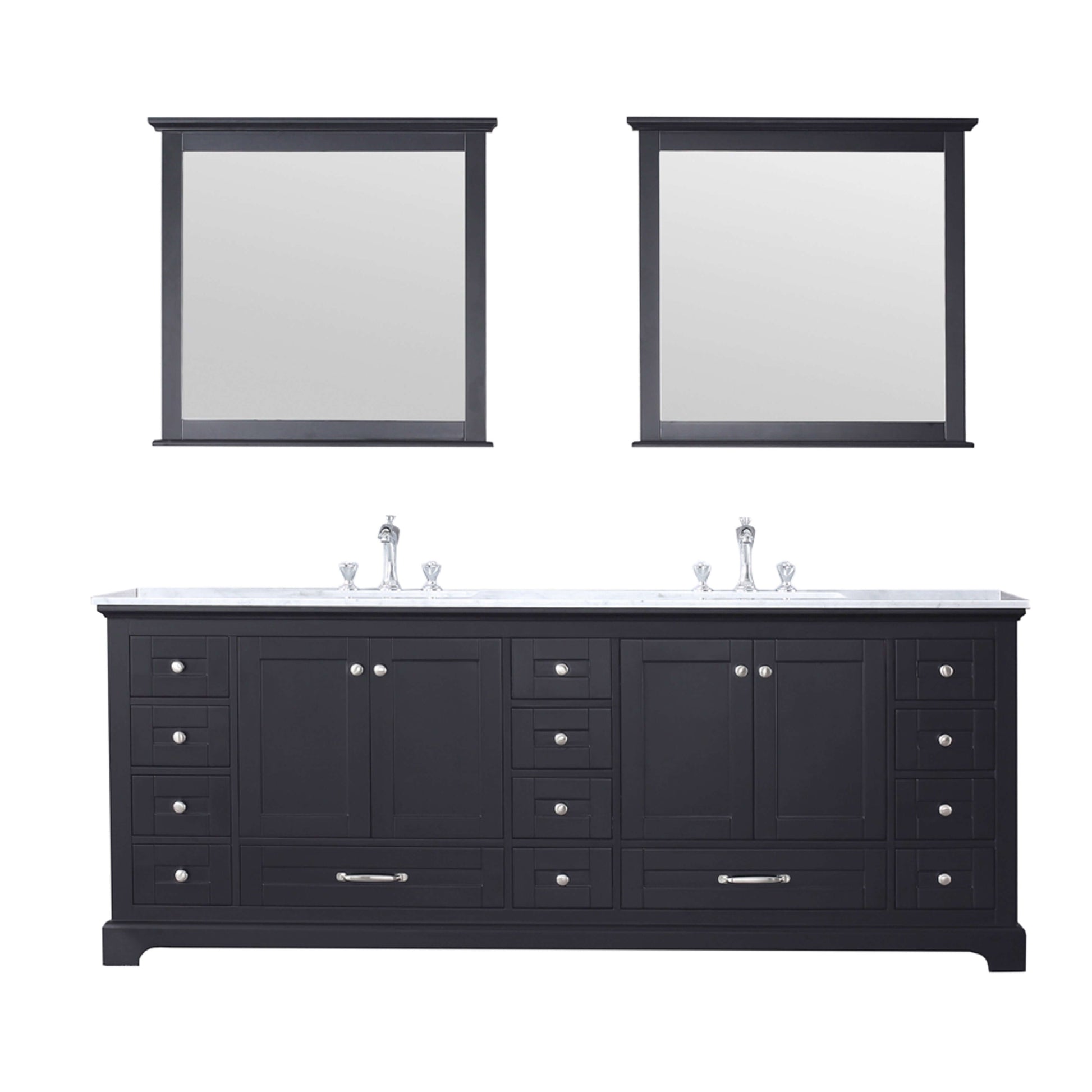 Dukes 84" Espresso Double Vanity, White Carrara Marble Top, White Square Sinks and 34" Mirrors - LD342284DGDSM34