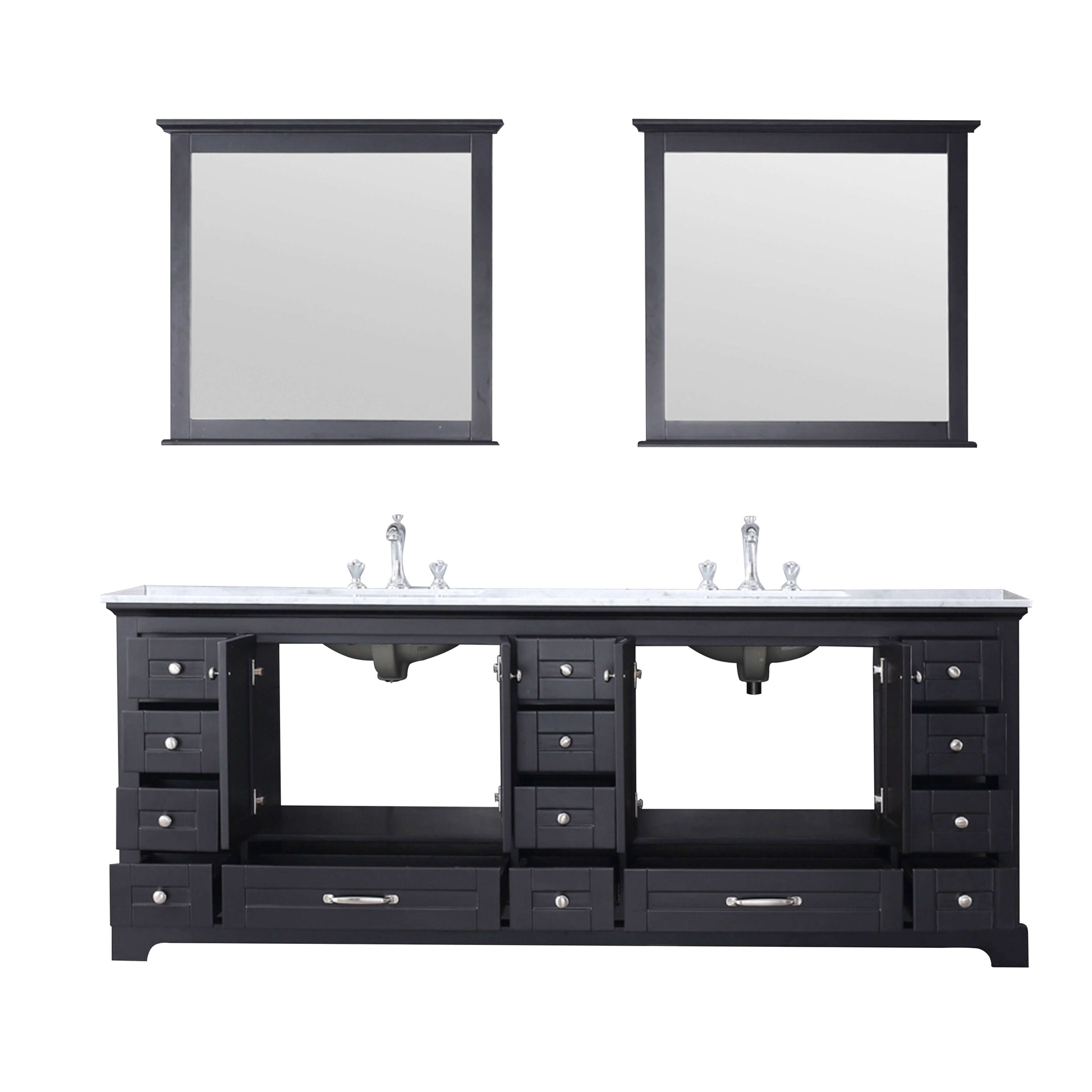 Dukes 84" Espresso Double Vanity, White Carrara Marble Top, White Square Sinks and 34" Mirrors - LD342284DGDSM34