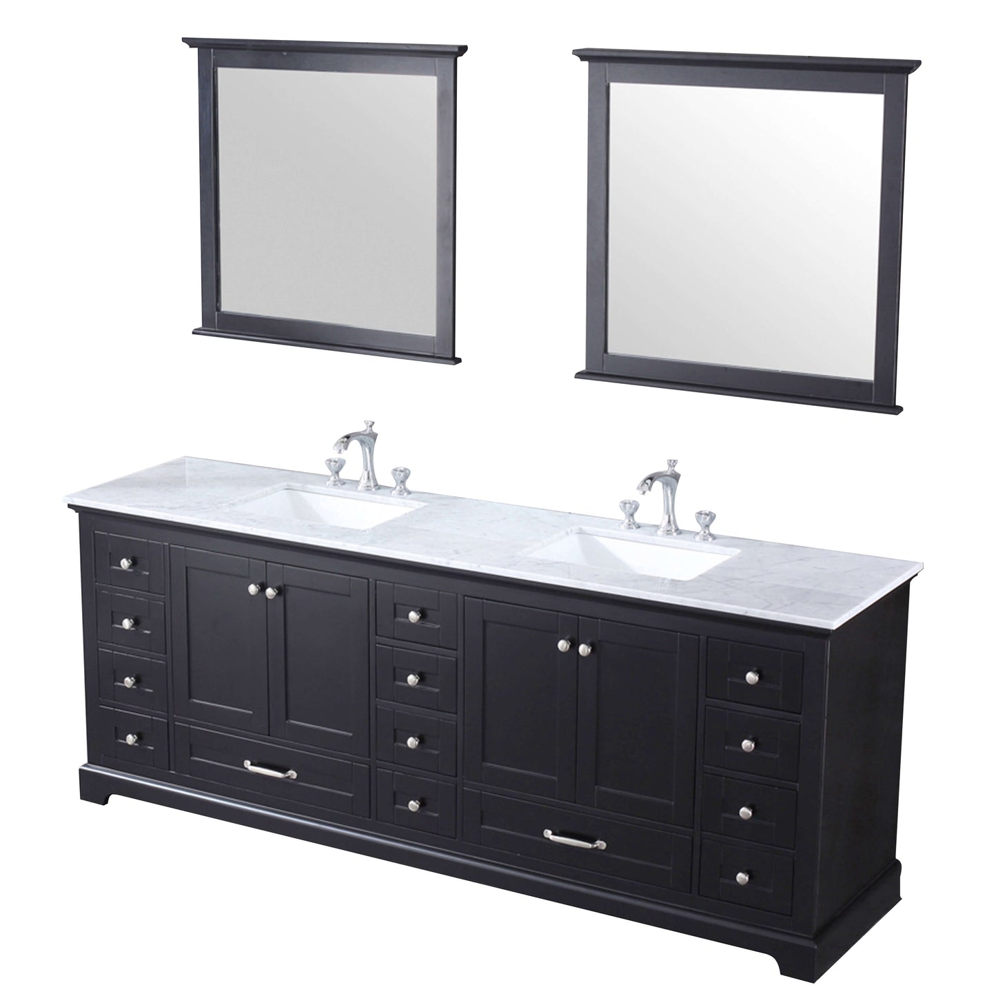 Dukes 84" Espresso Double Vanity, White Carrara Marble Top, White Square Sinks and 34" Mirrors - LD342284DGDSM34