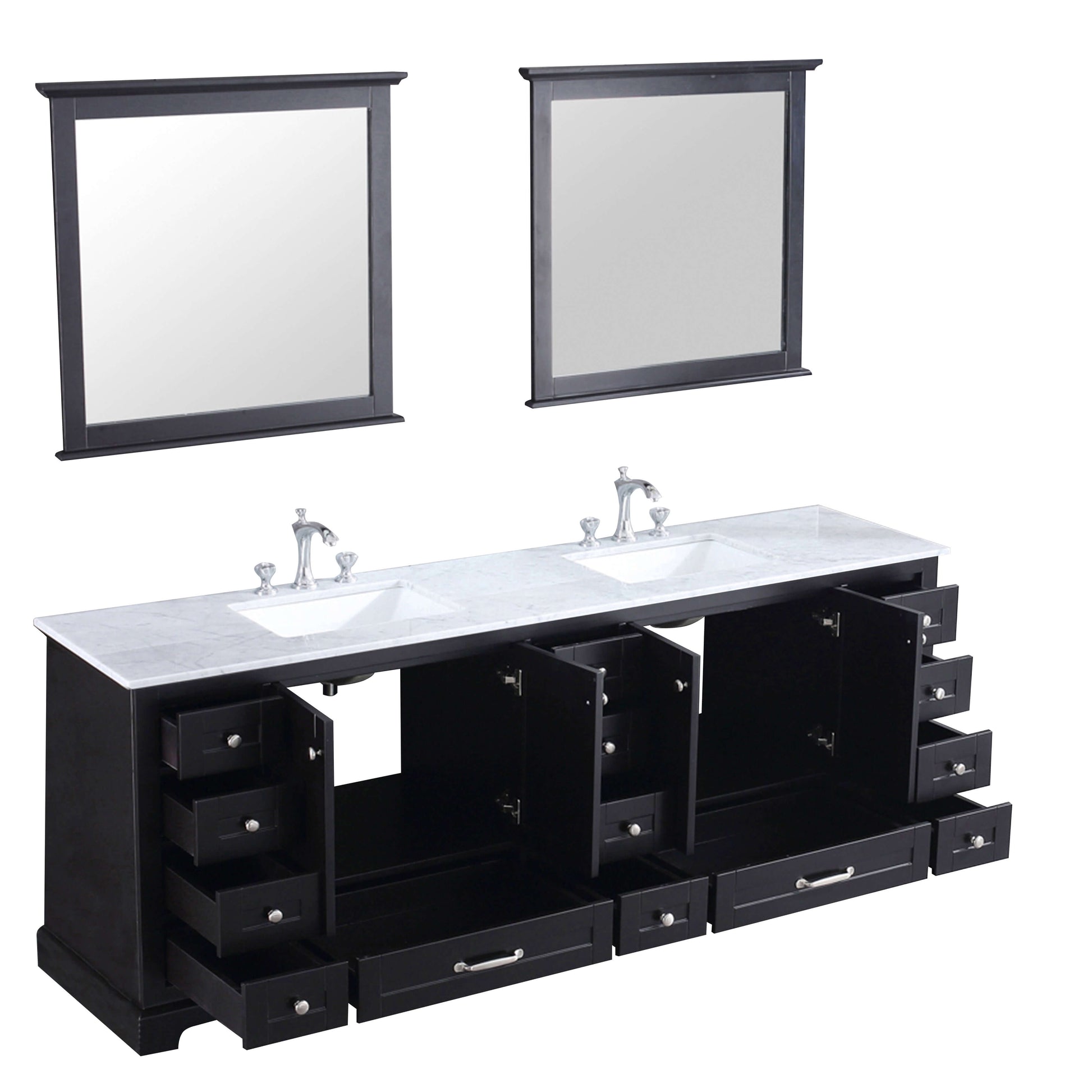 Dukes 84" Espresso Double Vanity, White Carrara Marble Top, White Square Sinks and 34" Mirrors - LD342284DGDSM34