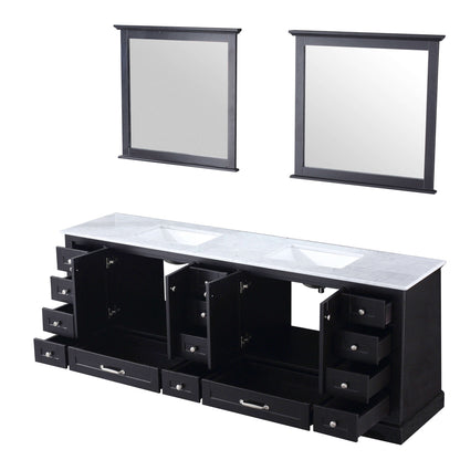 Dukes 84" Espresso Double Vanity, White Carrara Marble Top, White Square Sinks and 34" Mirrors - LD342284DGDSM34