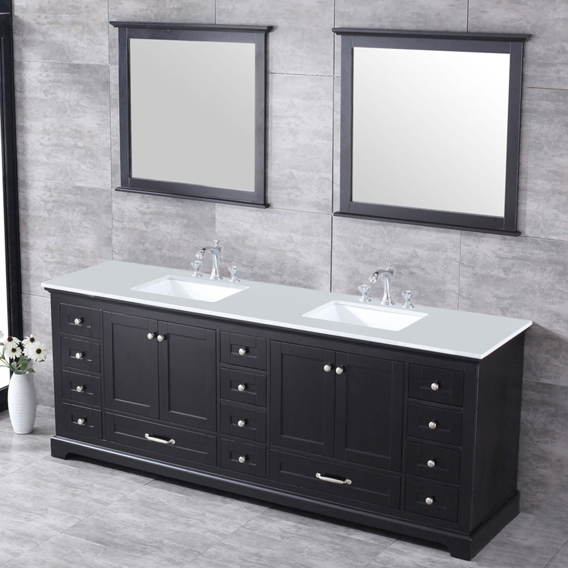 Dukes 84" Espresso Double Vanity, White Quartz Top, White Square Sinks and 34" Mirrors - LD342284DGWQM34