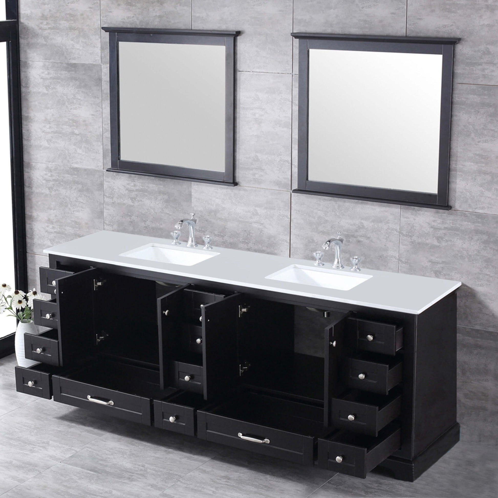 Dukes 84" Espresso Double Vanity, White Quartz Top, White Square Sinks and 34" Mirrors - LD342284DGWQM34