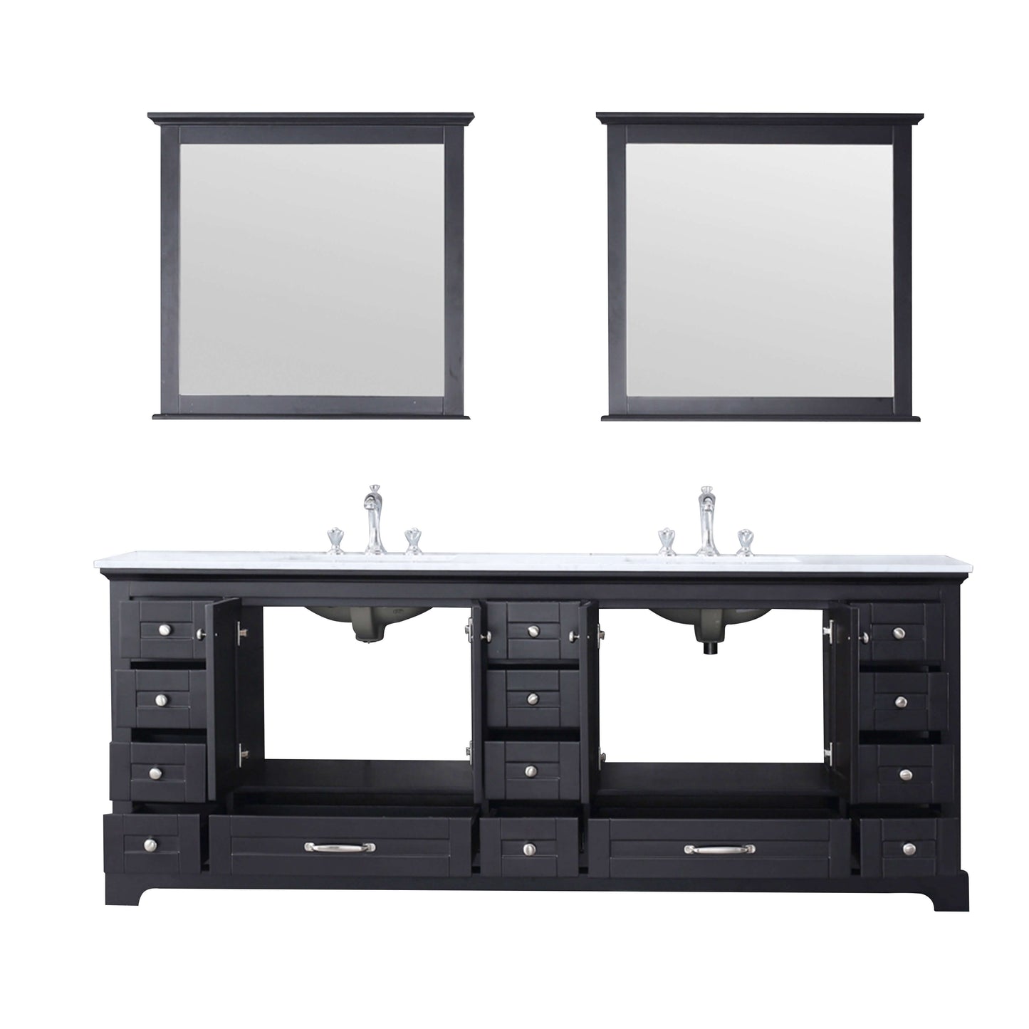 Dukes 84" Espresso Double Vanity, White Quartz Top, White Square Sinks and 34" Mirrors - LD342284DGWQM34