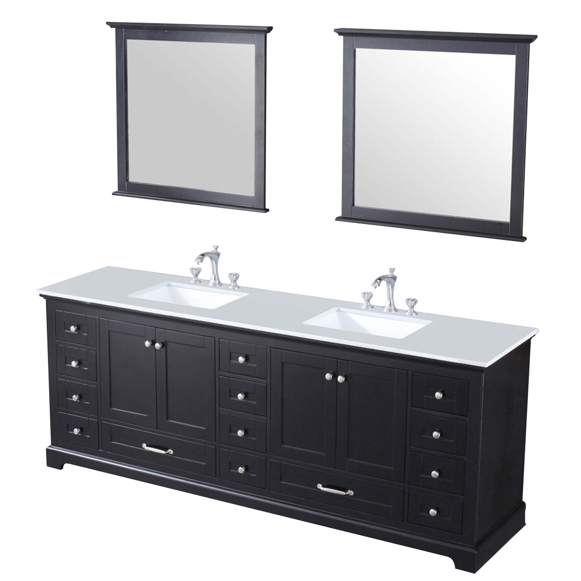 Dukes 84" Espresso Double Vanity, White Quartz Top, White Square Sinks and 34" Mirrors - LD342284DGWQM34