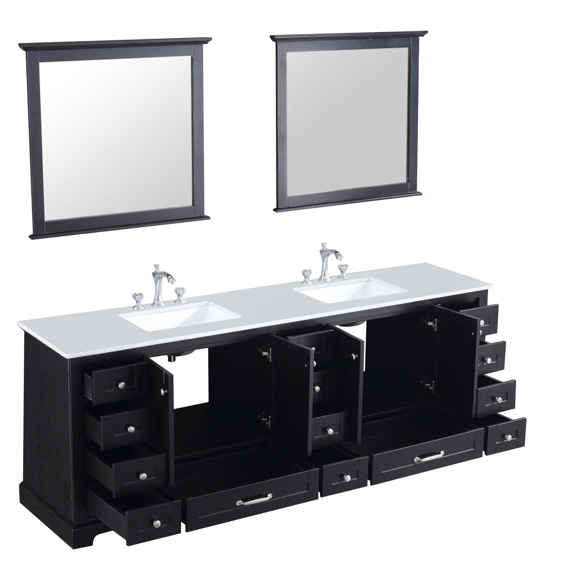 Dukes 84" Espresso Double Vanity, White Quartz Top, White Square Sinks and 34" Mirrors - LD342284DGWQM34