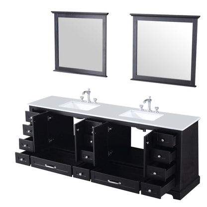 Dukes 84" Espresso Double Vanity, White Quartz Top, White Square Sinks and 34" Mirrors - LD342284DGWQM34