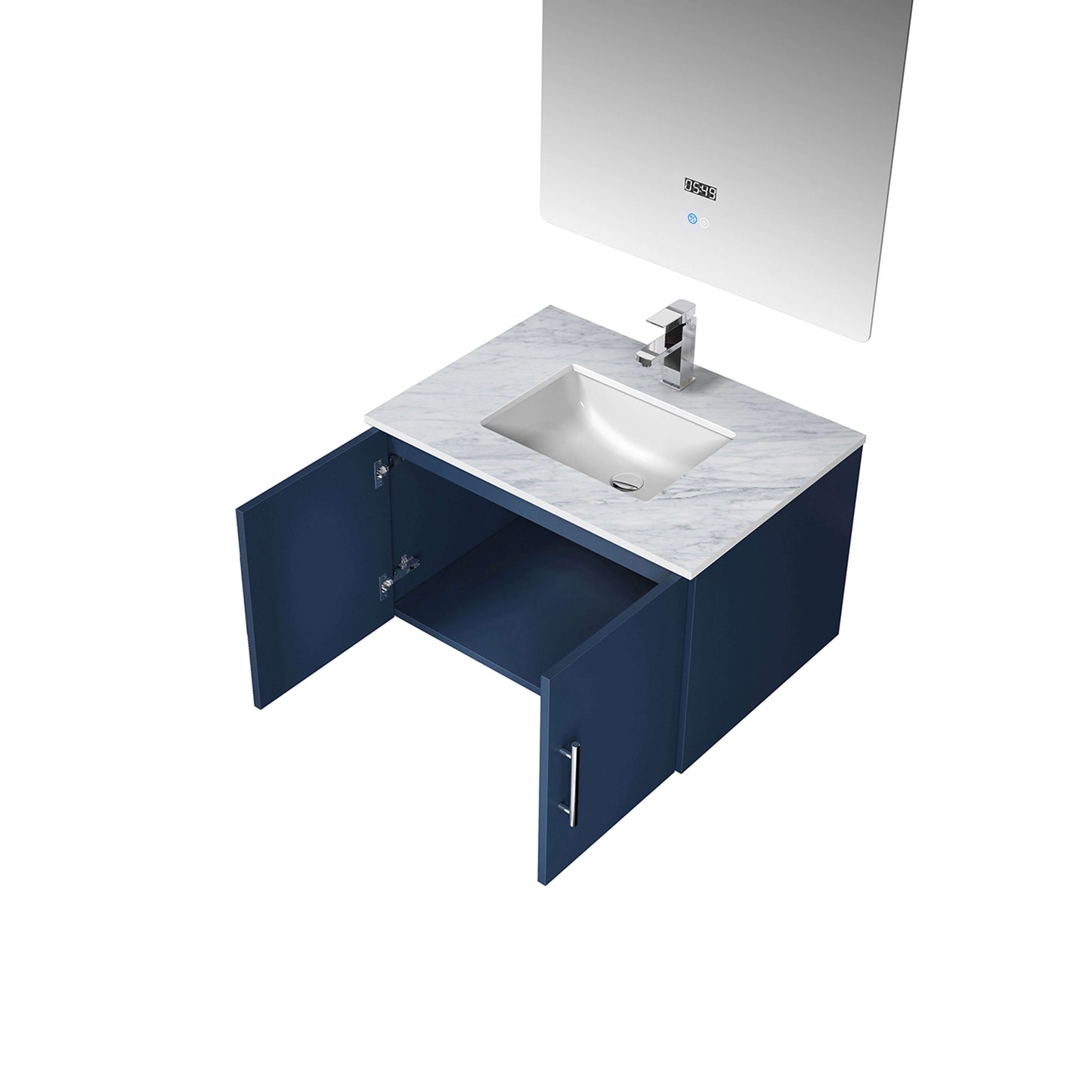 Geneva 30" Navy Blue Single Vanity, White Carrara Marble Top, White Square Sink and 30" LED Mirror - LG192230DEDSLM30