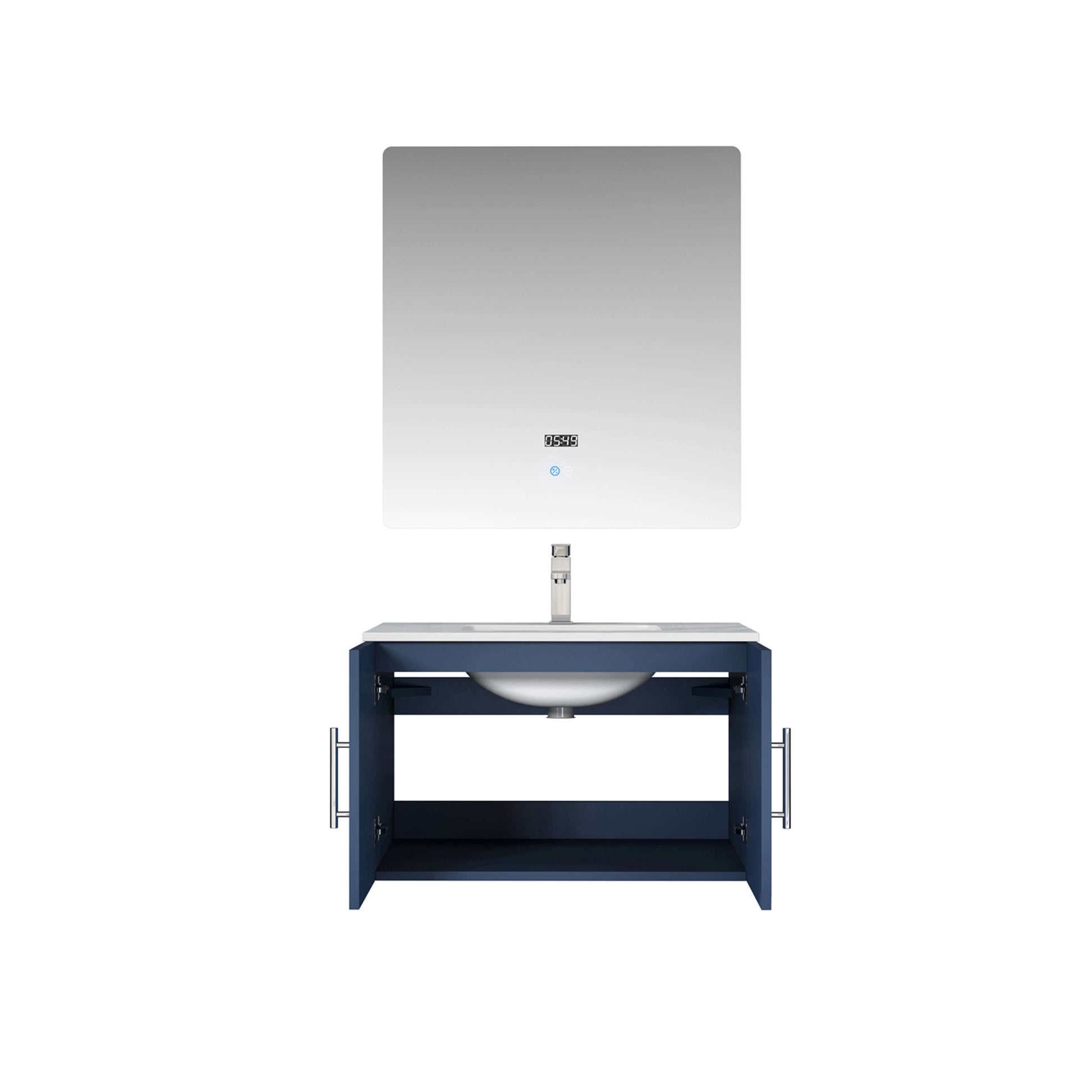 Geneva 30" Navy Blue Single Vanity, White Carrara Marble Top, White Square Sink and 30" LED Mirror - LG192230DEDSLM30