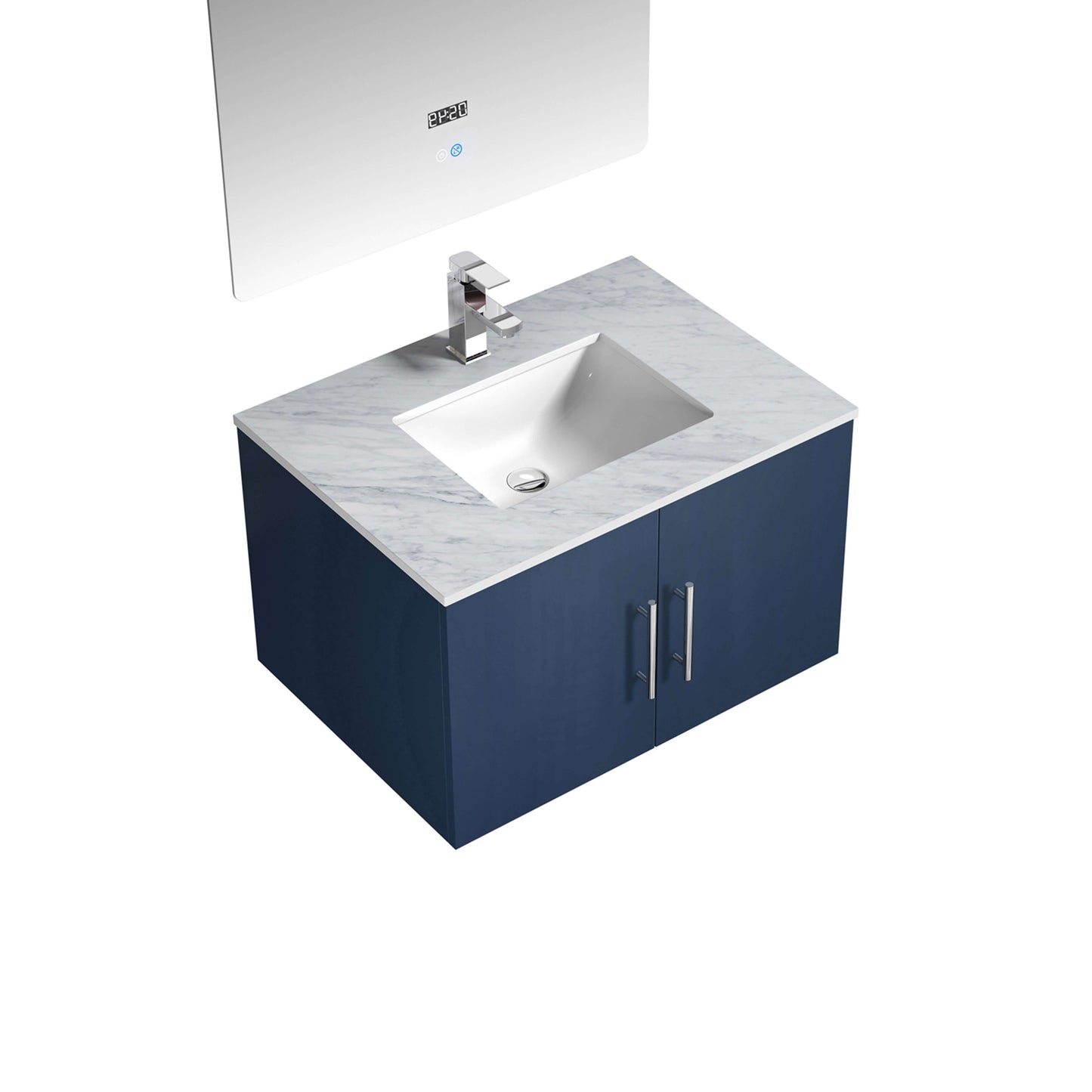 Geneva 30" Navy Blue Single Vanity, White Carrara Marble Top, White Square Sink and 30" LED Mirror - LG192230DEDSLM30