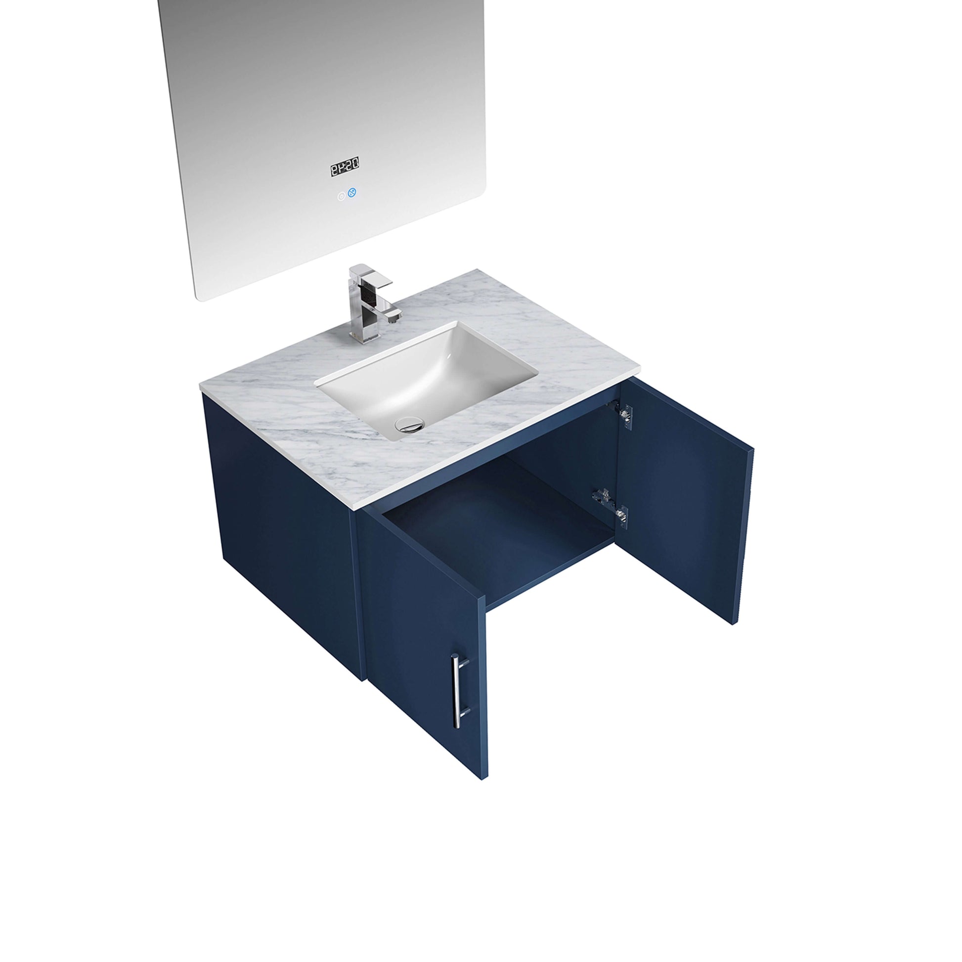 Geneva 30" Navy Blue Single Vanity, White Carrara Marble Top, White Square Sink and 30" LED Mirror - LG192230DEDSLM30