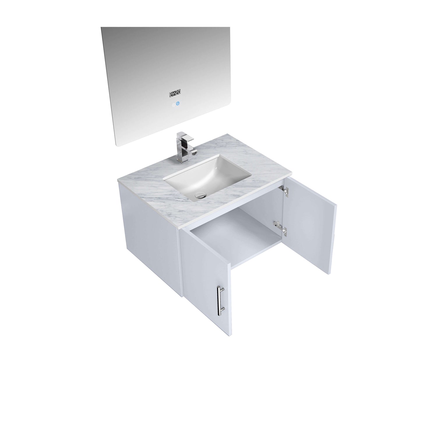 30" Glossy White Single Vanity Ensemble with White Carrara Marble Top with White Ceramic Square Undermount Sink and 30 inch LED Mirror - LG192230DMDSLM30F