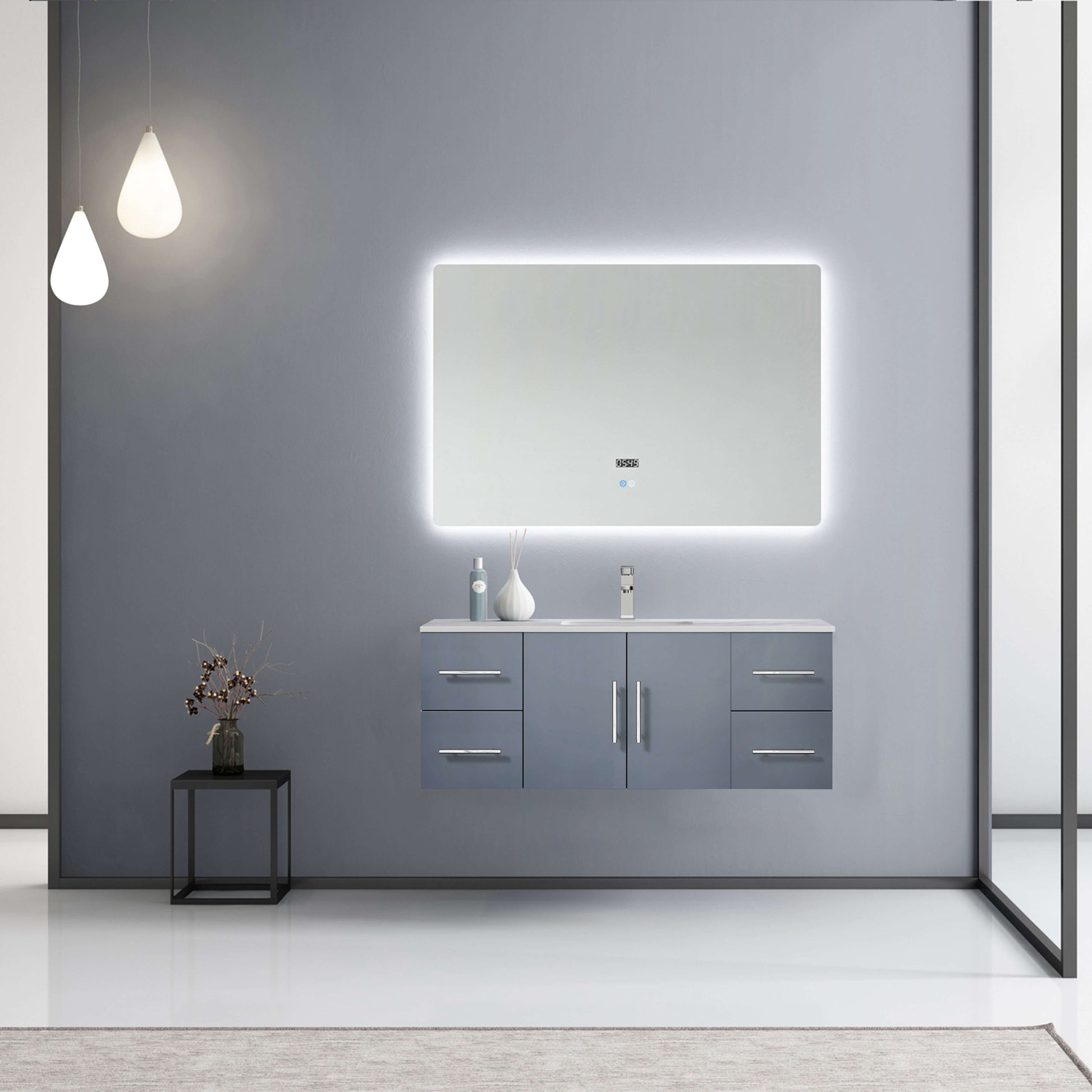 Geneva 48" Dark Grey Single Vanity, White Carrara Marble Top, White Square Sink and 48" LED Mirror - LG192248DBDSLM48