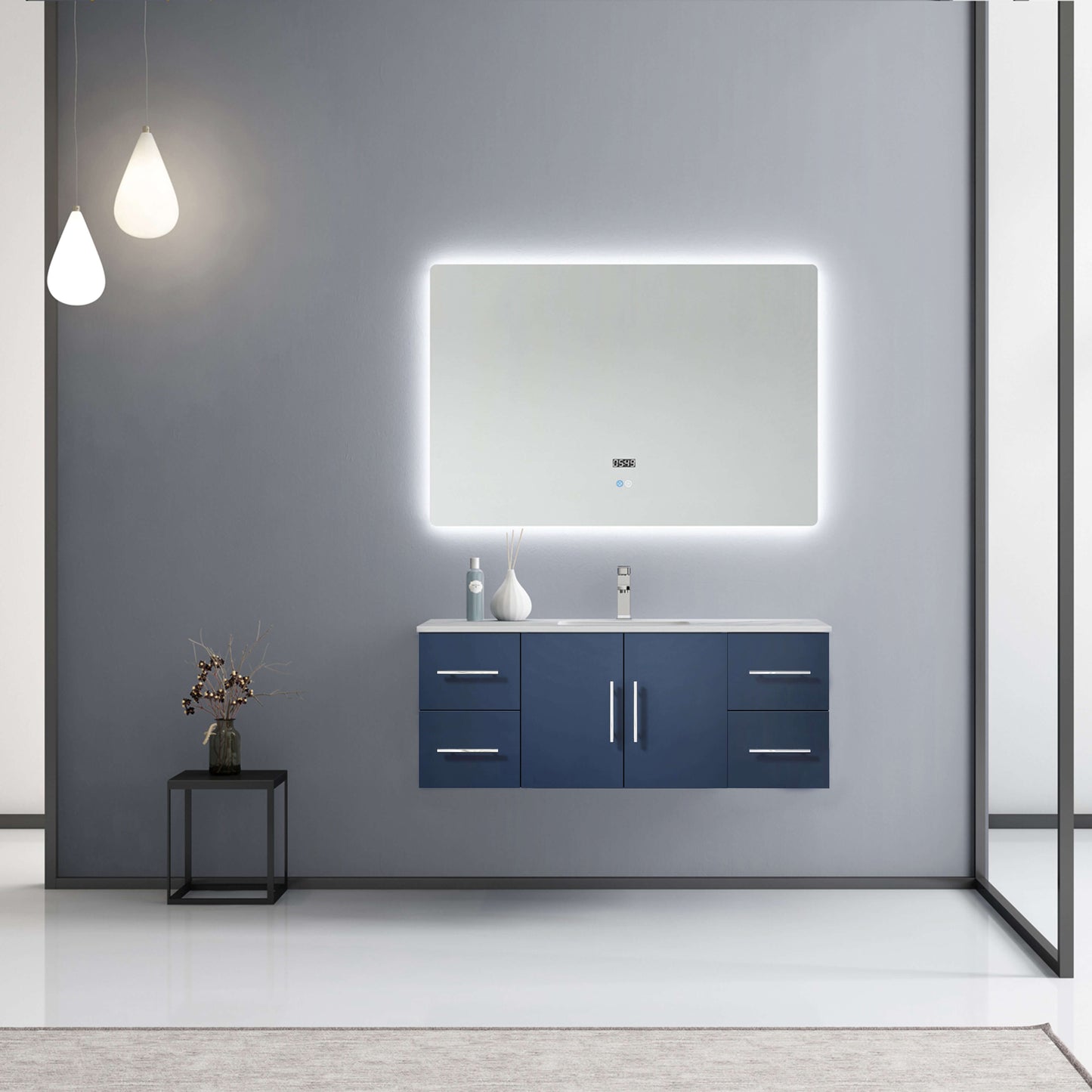 Geneva 60" Dark Grey Double Vanity, White Carrara Marble Top, White Square Sinks and 60" LED Mirror - LG192260DBDSLM60