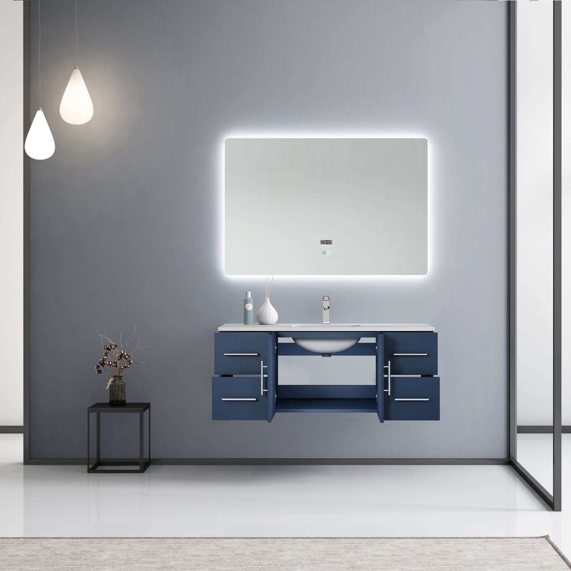 Geneva 60" Dark Grey Double Vanity, White Carrara Marble Top, White Square Sinks and 60" LED Mirror - LG192260DBDSLM60