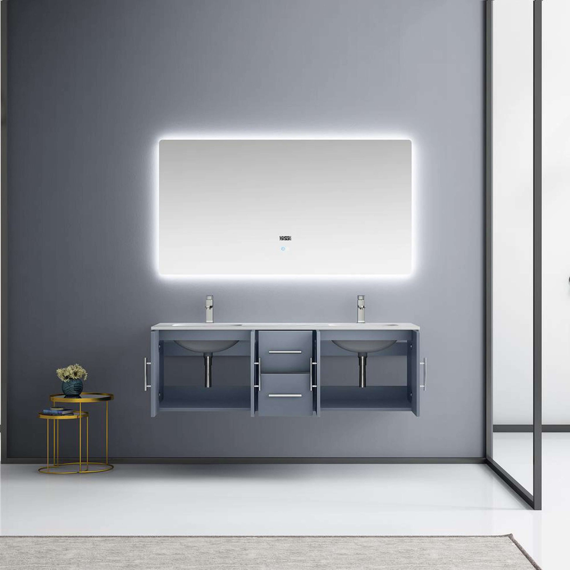 Geneva 48" Navy Blue Single Vanity, White Carrara Marble Top, White Square Sink and 48" LED Mirror - LG192248DEDSLM48