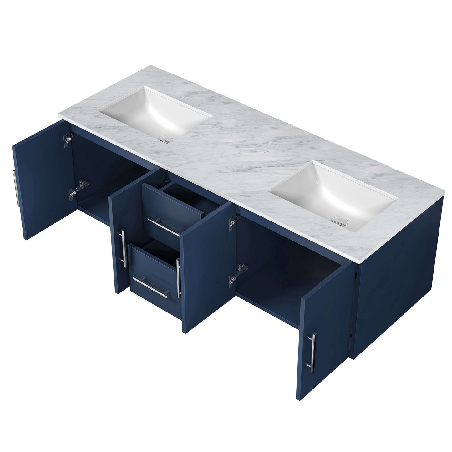 Geneva 60" Navy Blue Double Vanity, White Carrara Marble Top, White Square Sinks and no Mirror - LG192260DEDS000