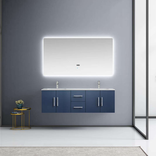 Geneva 60" Navy Blue Double Vanity, White Carrara Marble Top, White Square Sinks and 60" LED Mirror - LG192260DEDSLM60