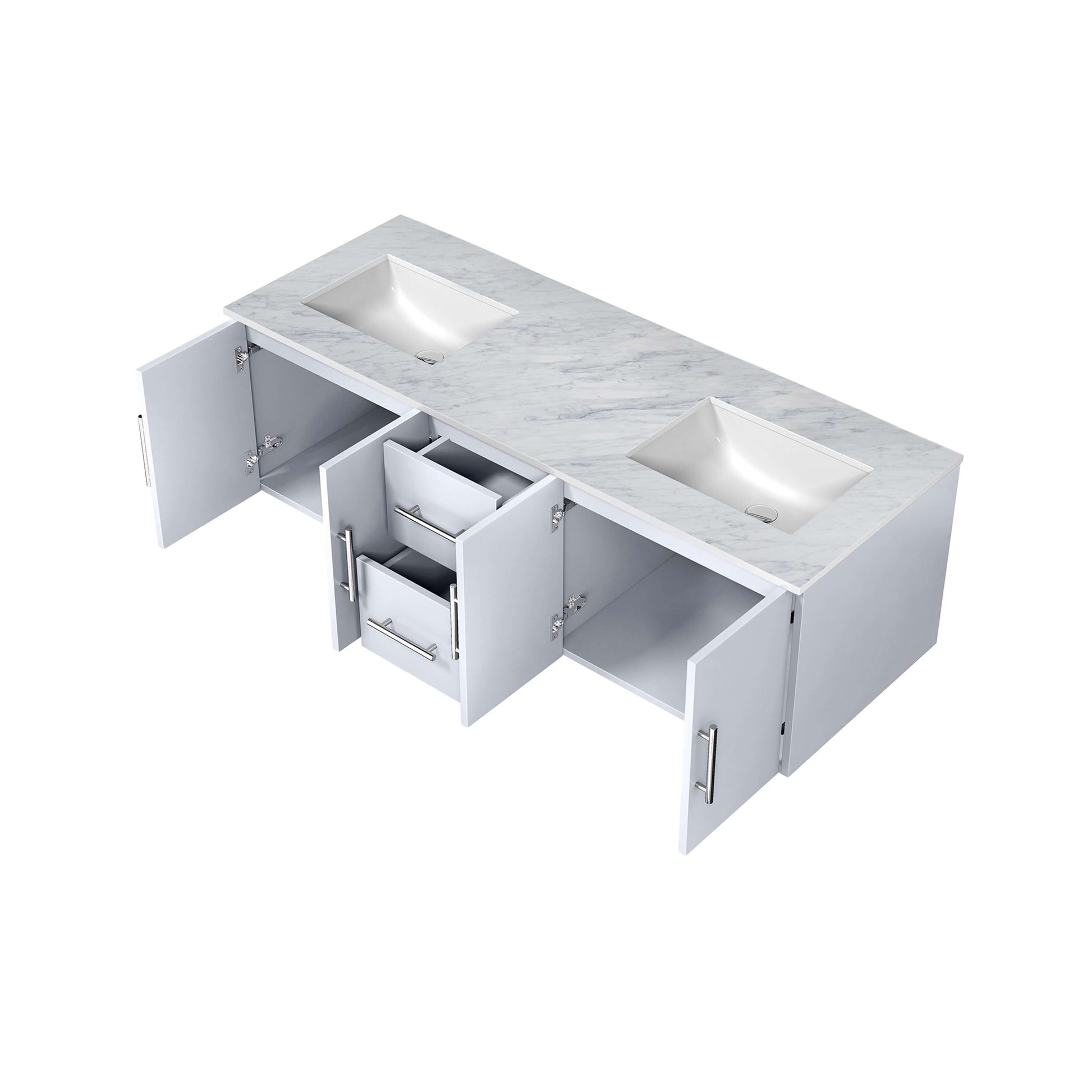 Geneva 60" Glossy White Double Vanity, White Carrara Marble Top, White Square Sinks and no Mirror - LG192260DMDS000