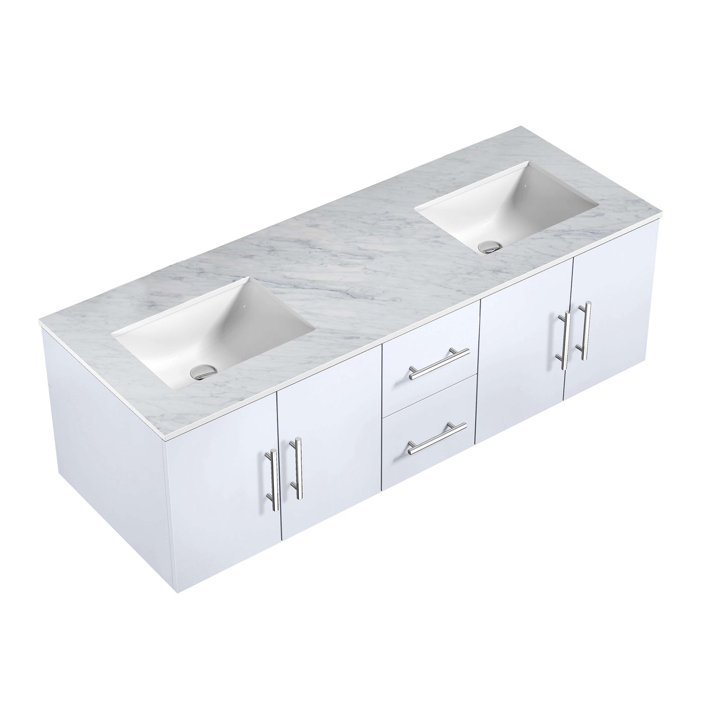 Geneva 60" Glossy White Double Vanity, White Carrara Marble Top, White Square Sinks and no Mirror - LG192260DMDS000