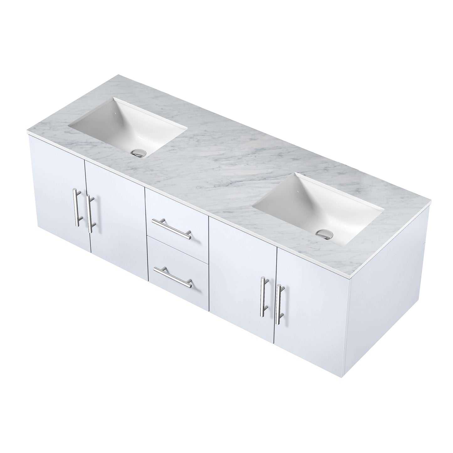 Geneva 60" Glossy White Double Vanity, White Carrara Marble Top, White Square Sinks and no Mirror - LG192260DMDS000