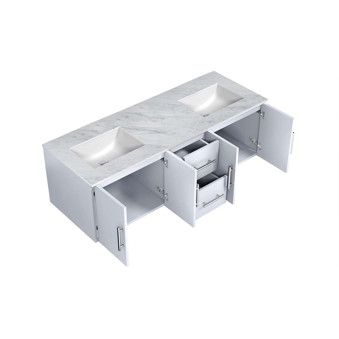 Geneva 60" Glossy White Double Vanity, White Carrara Marble Top, White Square Sinks and no Mirror - LG192260DMDS000