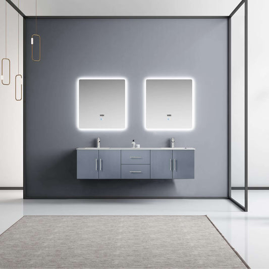 Geneva 72" Dark Grey Double Vanity, White Carrara Marble Top, White Square Sinks and 30" LED Mirrors - LG192272DBDSLM30