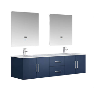 Geneva 72" Navy Blue Double Vanity, White Carrara Marble Top, White Square Sinks and 30" LED Mirrors - LG192272DEDSLM30