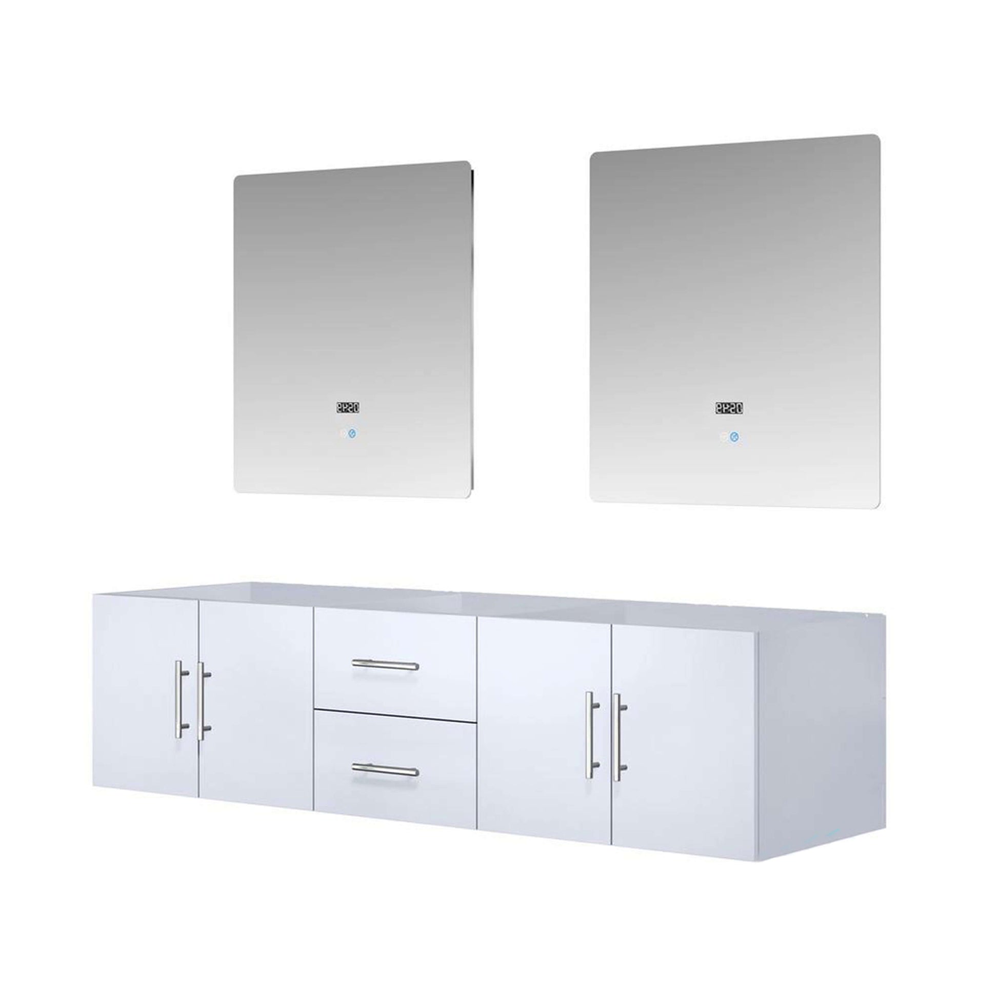 Geneva 72" Glossy White Double Vanity, no Top and 30" LED Mirrors - LG192272DM00LM30