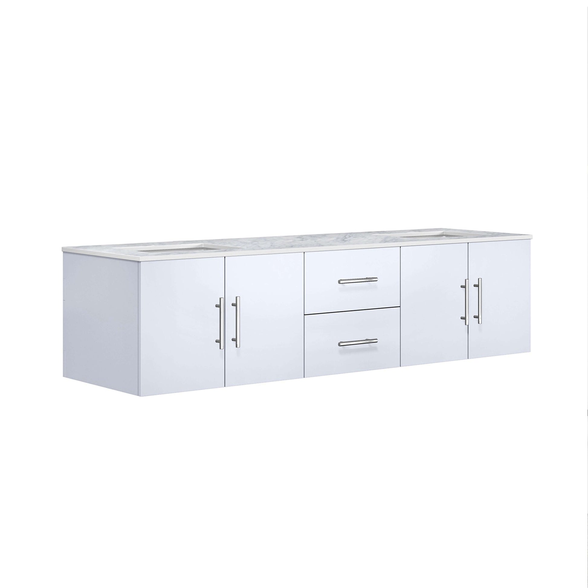 Geneva 72" Glossy White Double Vanity, White Carrara Marble Top, White Square Sinks and no Mirror - LG192272DMDS000