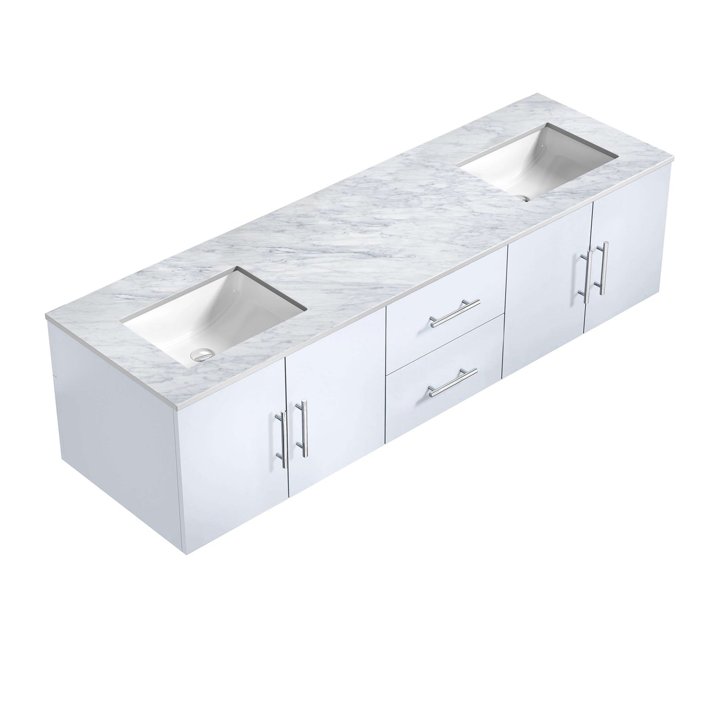 Geneva 72" Glossy White Double Vanity, White Carrara Marble Top, White Square Sinks and no Mirror - LG192272DMDS000