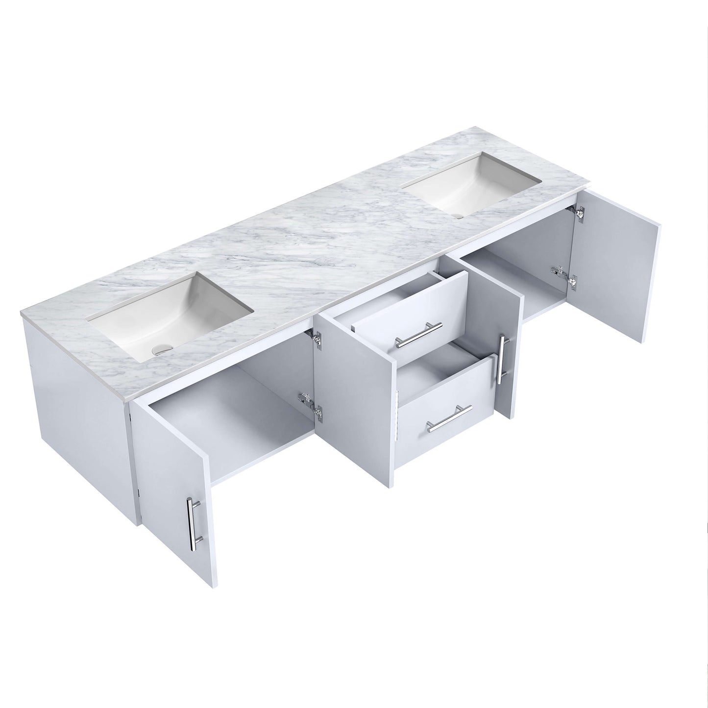 Geneva 72" Glossy White Double Vanity, White Carrara Marble Top, White Square Sinks and no Mirror - LG192272DMDS000