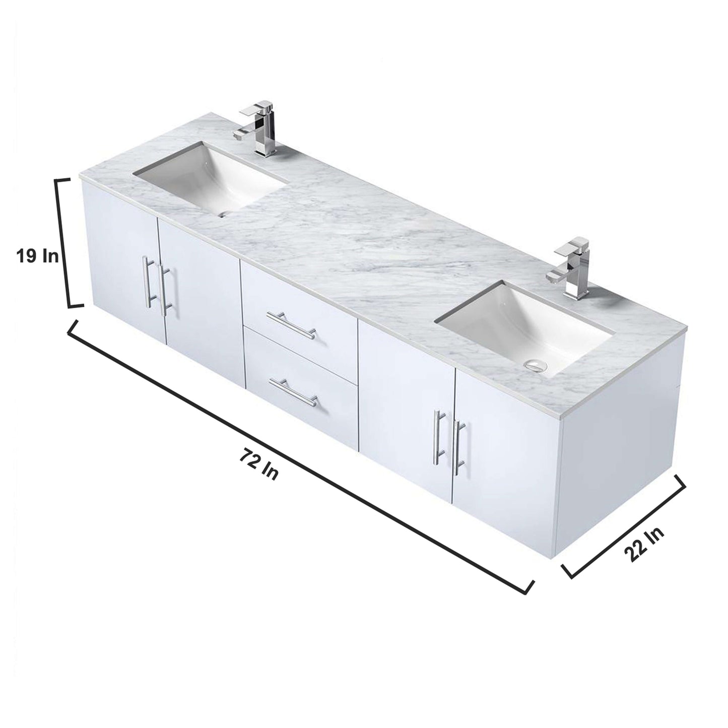 72" Glossy White Double Vanity Ensemble with White Carrara Marble Top with White Ceramic Square Undermount Sinks and 30 inch LED Mirrors - LG192272DMDSLM30F