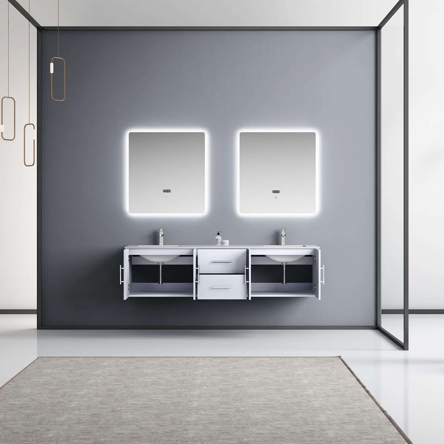 72" Glossy White Double Vanity Ensemble with White Carrara Marble Top with White Ceramic Square Undermount Sinks and 30 inch LED Mirrors - LG192272DMDSLM30F