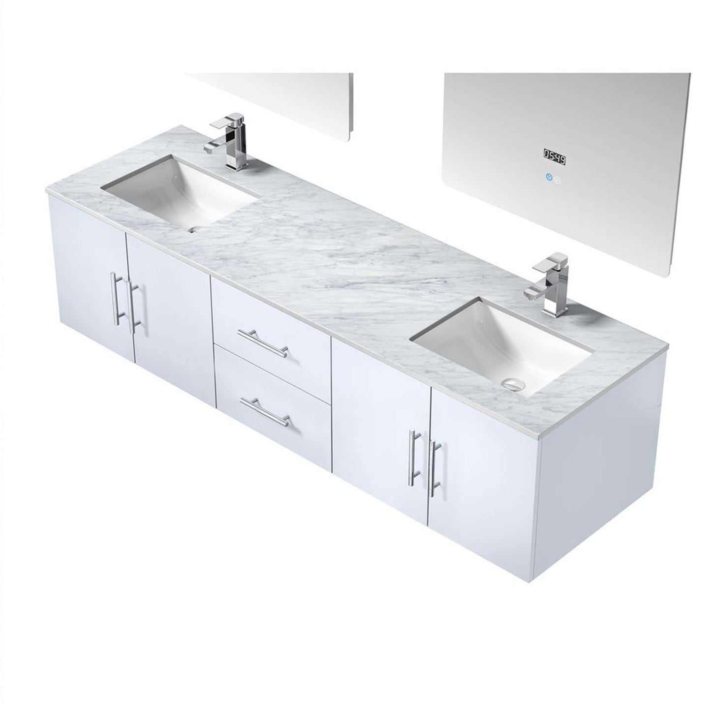 72" Glossy White Double Vanity Ensemble with White Carrara Marble Top with White Ceramic Square Undermount Sinks and 30 inch LED Mirrors - LG192272DMDSLM30F