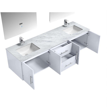 72" Glossy White Double Vanity Ensemble with White Carrara Marble Top with White Ceramic Square Undermount Sinks and 30 inch LED Mirrors - LG192272DMDSLM30F