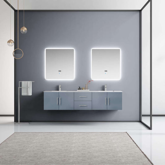 Geneva 80" Dark Grey Double Vanity, White Carrara Marble Top, White Square Sinks and 30" LED Mirrors - LG192280DBDSLM30